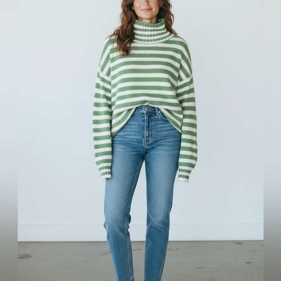 Floor Sweaters - Floor Clothing green white stripe Wool Blend Funnel Neck Sweater Sz S